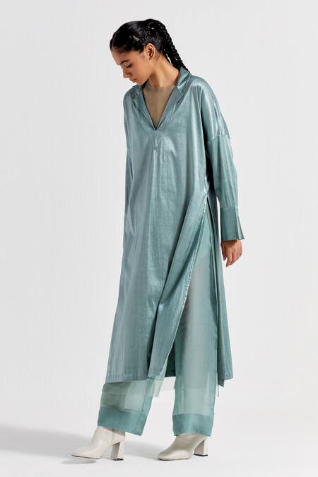 Shop_Three_Green Tunic Satin Lycra Plain Tunic Notched Lapel And Pant Co-ord Set  _Online_at_Aza_Fashions