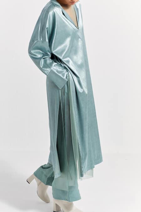 Three_Green Tunic Satin Lycra Plain Tunic Notched Lapel And Pant Co-ord Set  _at_Aza_Fashions