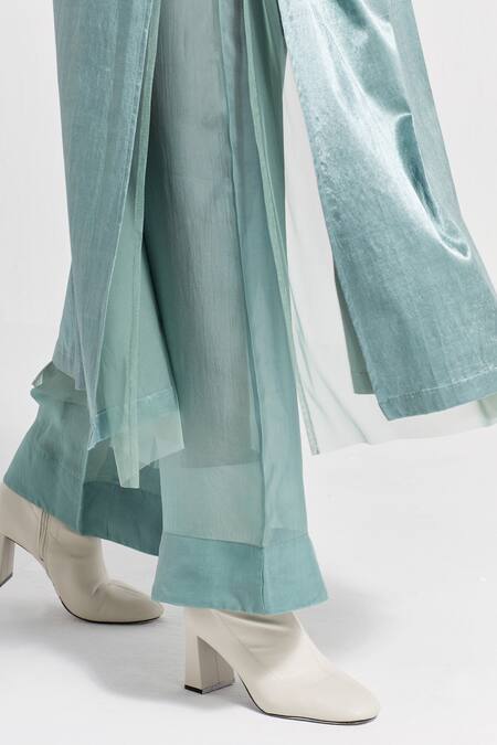 Buy_Three_Green Tunic Satin Lycra Plain Tunic Notched Lapel And Pant Co-ord Set  