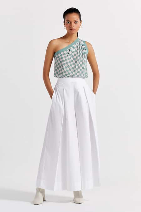 THREE White Top Crepe Checks One Shoulder Checkered With Pleated Pant 