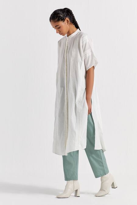 Shop_Three_White Poplin, Cotton Embroidery Mandarin Collar Shirt Tunic With Narrow Pant _Online_at_Aza_Fashions