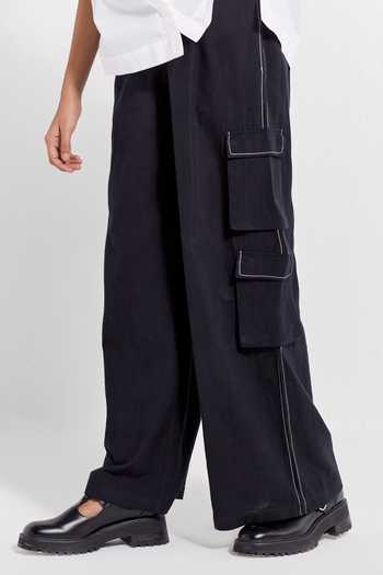 Three_Black , Handloom Embroidery Shirt With Floral Applique Cargo Pant _at_Aza_Fashions