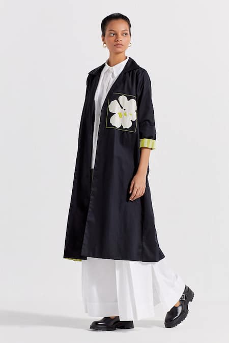 Buy_Three_Black Poplin Applique Embroidered Floral Collar Patch Jacket And Pant Set_Online_at_Aza_Fashions