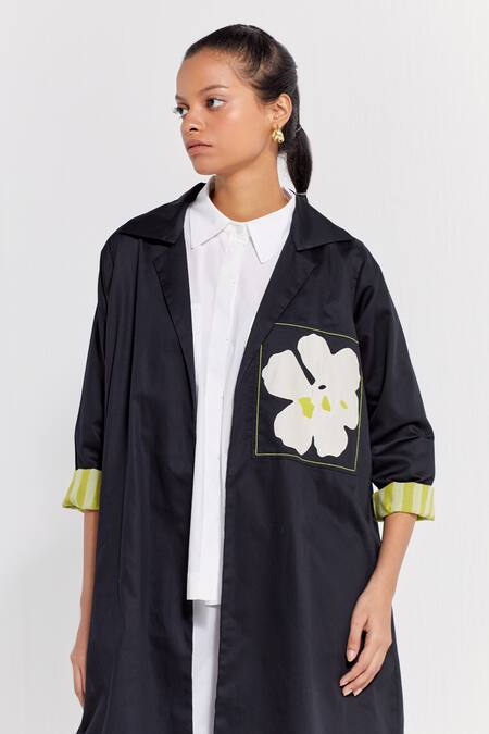 Shop_Three_Black Poplin Applique Embroidered Floral Collar Patch Jacket And Pant Set_Online_at_Aza_Fashions