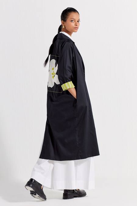 Three_Black Poplin Applique Embroidered Floral Collar Patch Jacket And Pant Set_at_Aza_Fashions