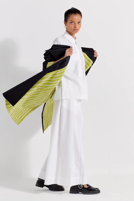 Shop_Three_Black Poplin Applique Embroidered Floral Collar Patch Jacket And Pant Set