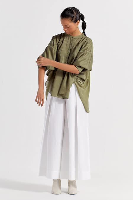 Three_White Chanderi, Crepe, Cotton, Poplin Pintucked Top And Pleated Pant Set _Online_at_Aza_Fashions