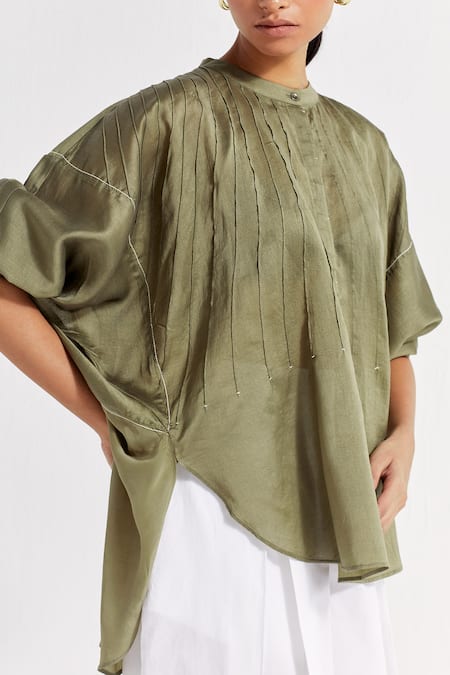 Shop_Three_White Chanderi, Crepe, Cotton, Poplin Pintucked Top And Pleated Pant Set _Online_at_Aza_Fashions