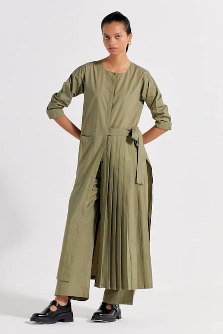 THREE Green Poplin Plain Round Front Pleated Jacket And Pant Co-ord Set 