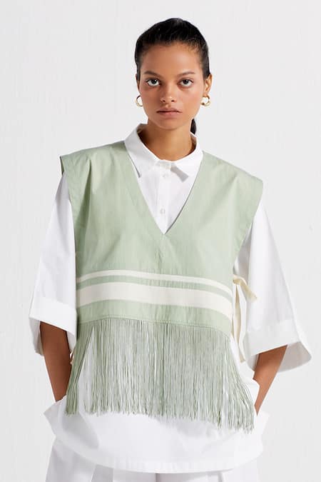 Three_White Poplin, Cotton Collared, V-neck Fringed Crop Overlay And Pant Set _Online_at_Aza_Fashions