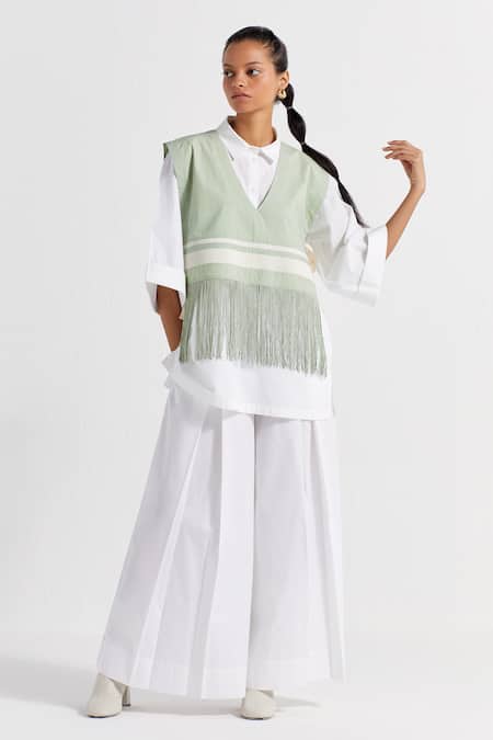 Buy_Three_White Poplin, Cotton Collared, V-neck Fringed Crop Overlay And Pant Set _Online_at_Aza_Fashions
