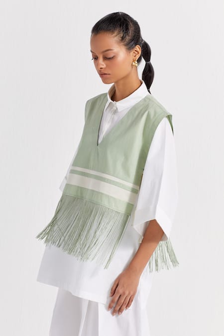 Shop_Three_White Poplin, Cotton Collared, V-neck Fringed Crop Overlay And Pant Set _Online_at_Aza_Fashions