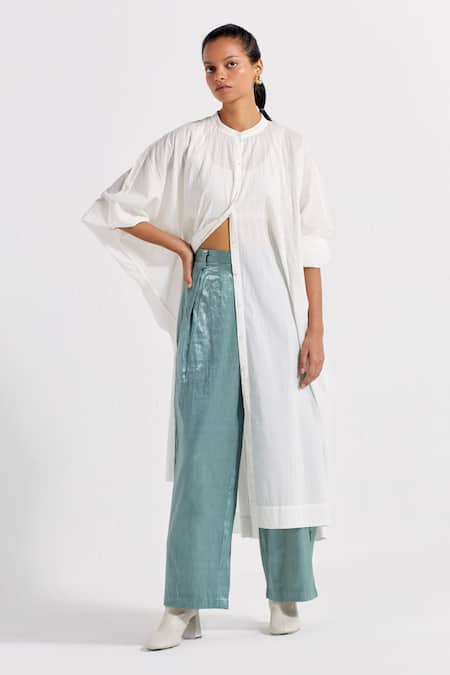 Shop_Three_White Muslin, Satin, Lycra Mandarin Collar Pintucked Kaftan And Jade Pant Set _Online_at_Aza_Fashions