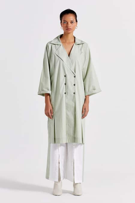 Three_Green Poplin, Cotton Embroidery Floral Drawstring Back Overlay And Pant Set _Online_at_Aza_Fashions