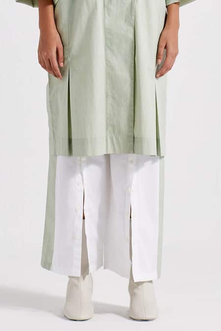 Buy_Three_Green Poplin, Cotton Embroidery Floral Drawstring Back Overlay And Pant Set _Online_at_Aza_Fashions