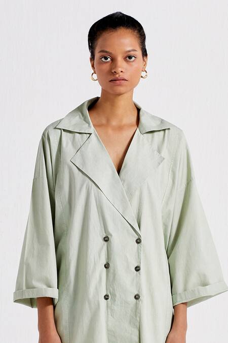 Shop_Three_Green Poplin, Cotton Embroidery Floral Drawstring Back Overlay And Pant Set _Online_at_Aza_Fashions