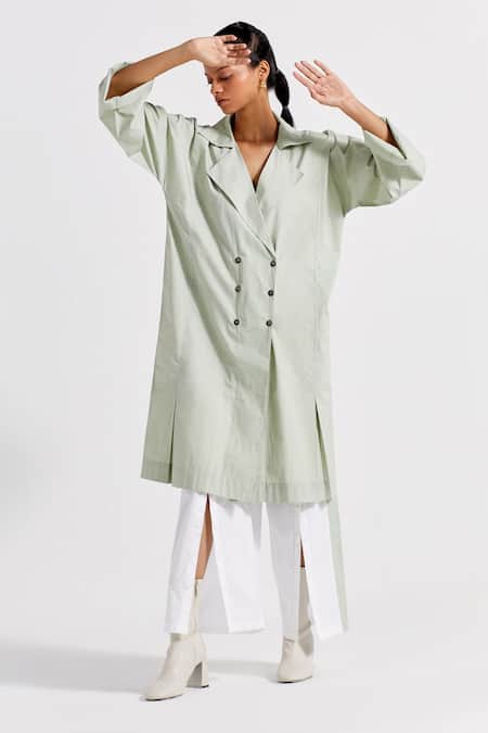 Three_Green Poplin, Cotton Embroidery Floral Drawstring Back Overlay And Pant Set _at_Aza_Fashions