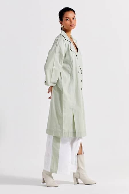 Buy_Three_Green Poplin, Cotton Embroidery Floral Drawstring Back Overlay And Pant Set 
