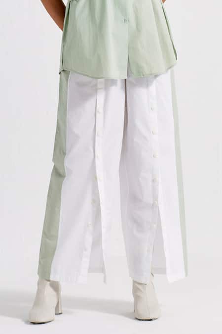 Three_Green Poplin, Crepe, Cotton Collared Front Twisted Shirt And Pant Set _Online_at_Aza_Fashions