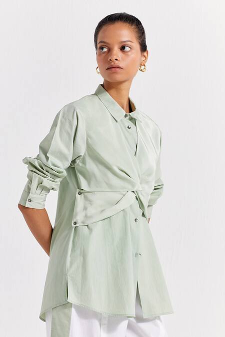 Three_Green Poplin, Crepe, Cotton Collared Front Twisted Shirt And Pant Set _at_Aza_Fashions