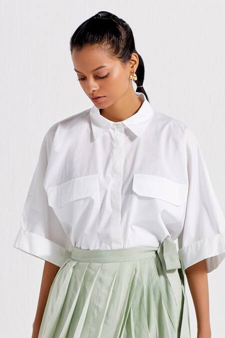 Buy_Three_Green Poplin, Crepe Collared Shirt With Asymmetric Pleated Skirt _Online_at_Aza_Fashions