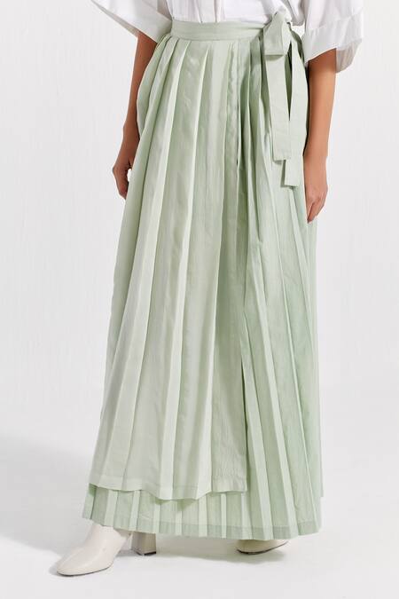 Shop_Three_Green Poplin, Crepe Collared Shirt With Asymmetric Pleated Skirt _Online_at_Aza_Fashions