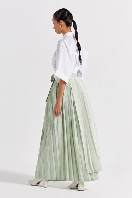 Three_Green Poplin, Crepe Collared Shirt With Asymmetric Pleated Skirt _at_Aza_Fashions