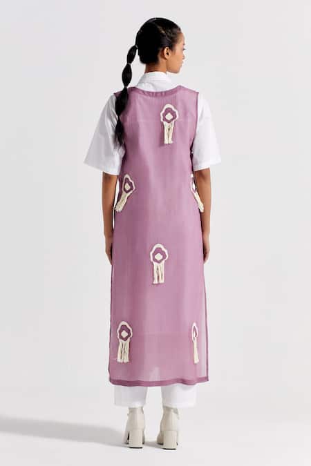 Shop Three Purple Organza, Cotton Fringe, Embroidery V-neck, Overlay With Tunic Set at Aza Fashions Shop_Three_Purple Organza, Cotton Fringe, Embroidery V-neck, Overlay With Tunic Set _at_Aza_Fashions