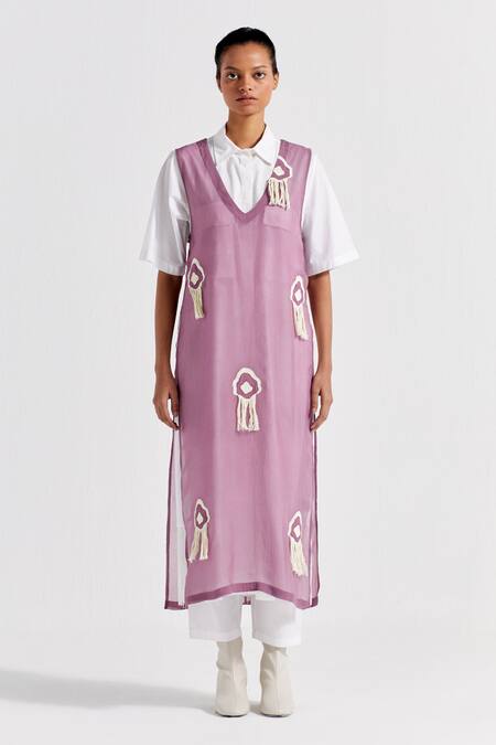 Three Purple Organza, Cotton Fringe, Embroidery V-neck, Overlay With Tunic Set Online at Aza Fashions Three_Purple Organza, Cotton Fringe, Embroidery V-neck, Overlay With Tunic Set _Online_at_Aza_Fashions