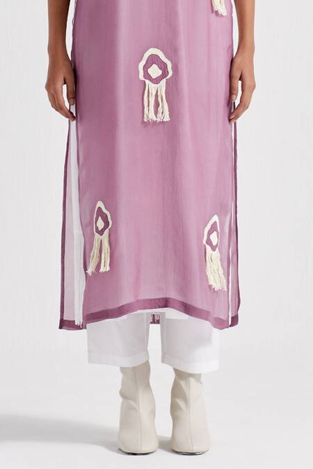 Buy Three Purple Organza, Cotton Fringe, Embroidery V-neck, Overlay With Tunic Set Online at Aza Fashions Buy_Three_Purple Organza, Cotton Fringe, Embroidery V-neck, Overlay With Tunic Set _Online_at_Aza_Fashions