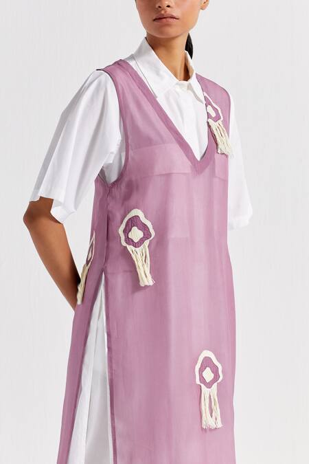 Shop Three Purple Organza, Cotton Fringe, Embroidery V-neck, Overlay With Tunic Set Online at Aza Fashions Shop_Three_Purple Organza, Cotton Fringe, Embroidery V-neck, Overlay With Tunic Set _Online_at_Aza_Fashions