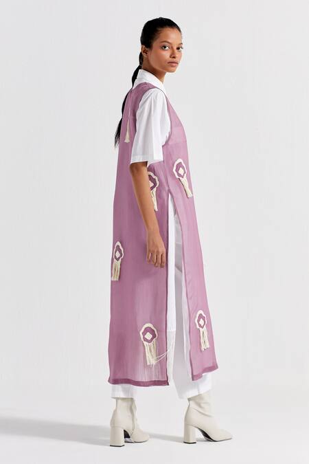 Three Purple Organza, Cotton Fringe, Embroidery V-neck, Overlay With Tunic Set at Aza Fashions Three_Purple Organza, Cotton Fringe, Embroidery V-neck, Overlay With Tunic Set _at_Aza_Fashions