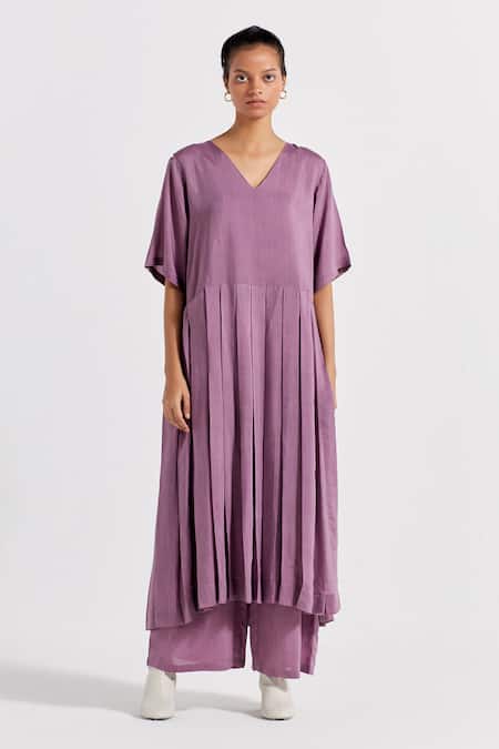 Buy_Three_Purple V-neck Pleated Tunic And Pant Set _Online_at_Aza_Fashions