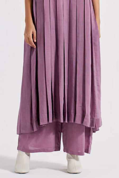 Shop_Three_Purple V-neck Pleated Tunic And Pant Set _Online_at_Aza_Fashions