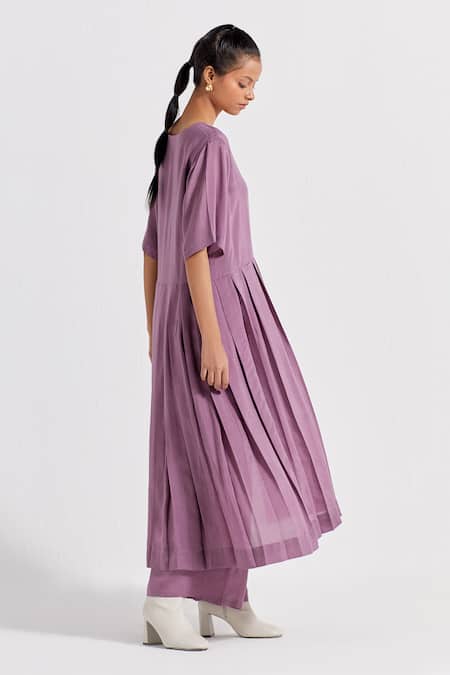 Three_Purple V-neck Pleated Tunic And Pant Set _at_Aza_Fashions