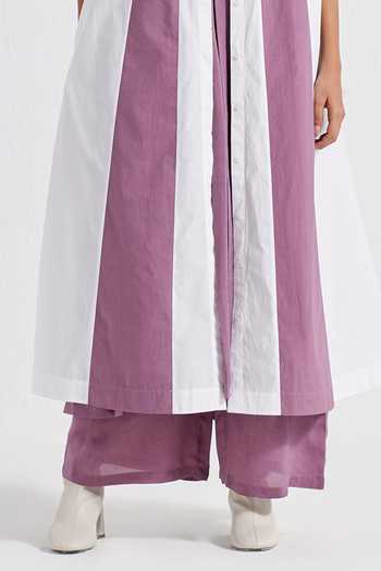 Three_Purple Poplin, Cotton Round Neck Panelled Color Block Jacket And Pant Set _Online_at_Aza_Fashions