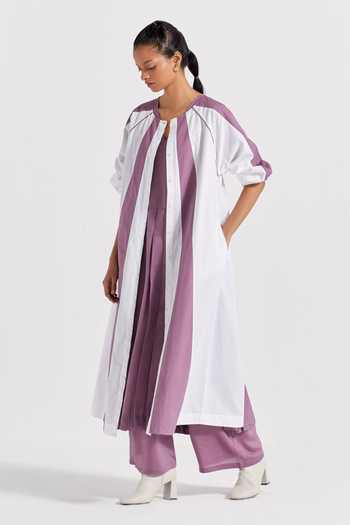 Buy_Three_Purple Poplin, Cotton Round Neck Panelled Color Block Jacket And Pant Set _Online_at_Aza_Fashions