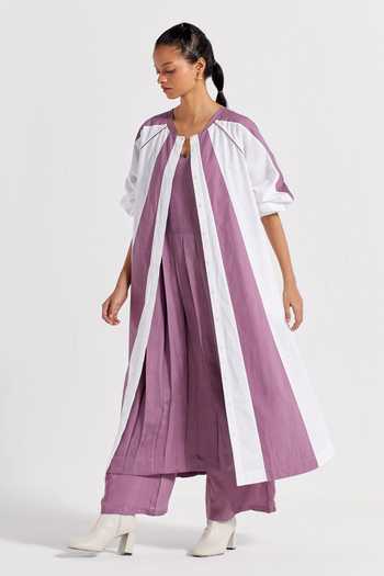 Shop_Three_Purple Poplin, Cotton Round Neck Panelled Color Block Jacket And Pant Set _Online_at_Aza_Fashions