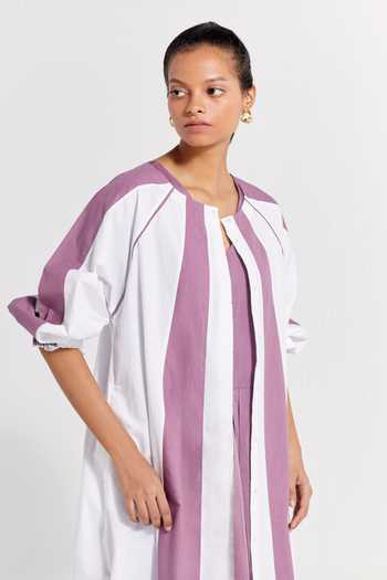 Three_Purple Poplin, Cotton Round Neck Panelled Color Block Jacket And Pant Set _at_Aza_Fashions