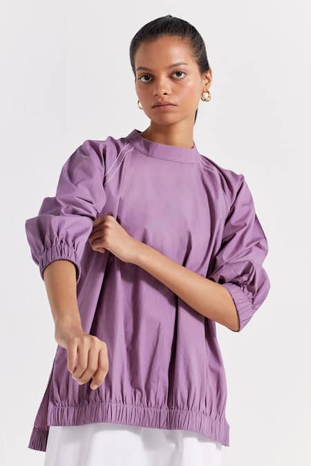 Buy_Three_Purple Poplin Chevron Patch Jumper Puffed Sleeve With Pattern Tunic  _Online_at_Aza_Fashions