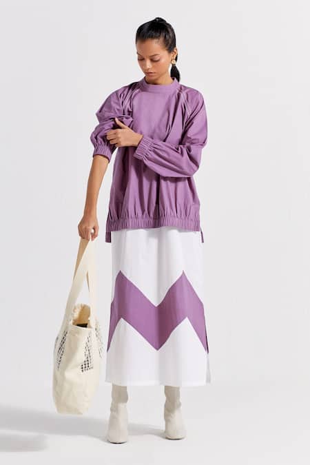 Three_Purple Poplin Chevron Patch Jumper Puffed Sleeve With Pattern Tunic  _at_Aza_Fashions