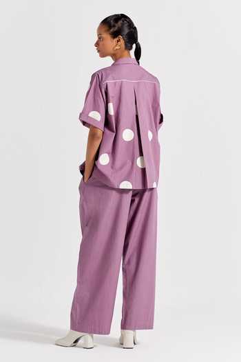 Shop Three Purple Poplin Collared Polka Pattern Shirt And Pant Set at Aza Fashions Shop_Three_Purple Poplin Collared Polka Pattern Shirt And Pant Set _at_Aza_Fashions