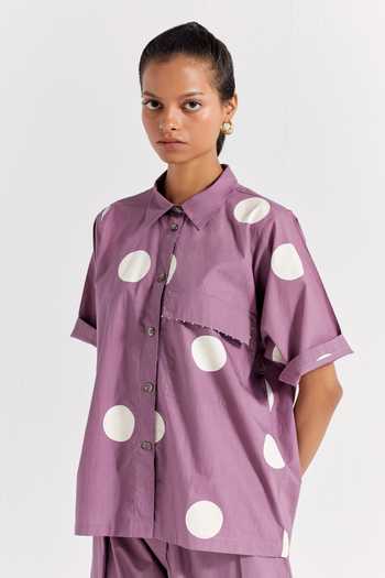 Shop Three Purple Poplin Collared Polka Pattern Shirt And Pant Set Online at Aza Fashions Shop_Three_Purple Poplin Collared Polka Pattern Shirt And Pant Set _Online_at_Aza_Fashions