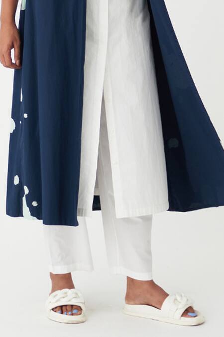 Three_Blue Poplin, Cotton Embroidery Collared Floral Print Jacket And Tunic Set _Online_at_Aza_Fashions