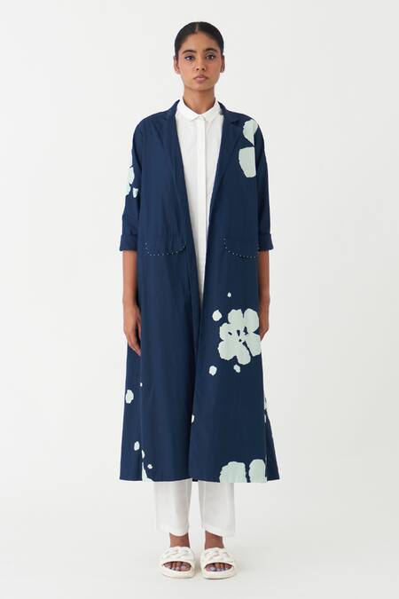 Shop_Three_Blue Poplin, Cotton Embroidery Collared Floral Print Jacket And Tunic Set _Online_at_Aza_Fashions