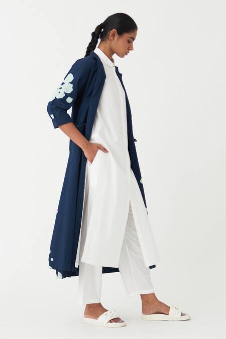 Three_Blue Poplin, Cotton Embroidery Collared Floral Print Jacket And Tunic Set _at_Aza_Fashions