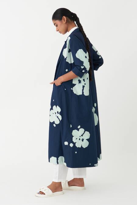 Buy_Three_Blue Poplin, Cotton Embroidery Collared Floral Print Jacket And Tunic Set 