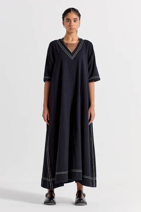 Three_Black Handloom Cotton, Organza, Chanderi, Poplin Wide Leg Jumpsuit With Scarf _Online_at_Aza_Fashions