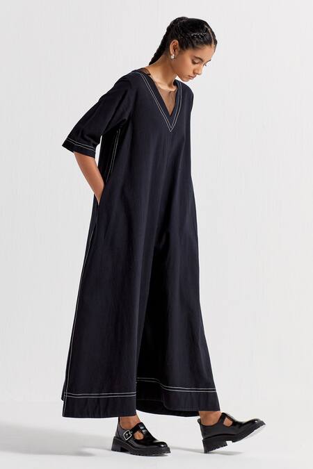 Shop_Three_Black Handloom Cotton, Organza, Chanderi, Poplin Wide Leg Jumpsuit With Scarf _Online_at_Aza_Fashions