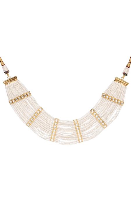 Preeti Mohan_White Pearls, Gota Patti Chitrali Layered Necklace Set _at_Aza_Fashions